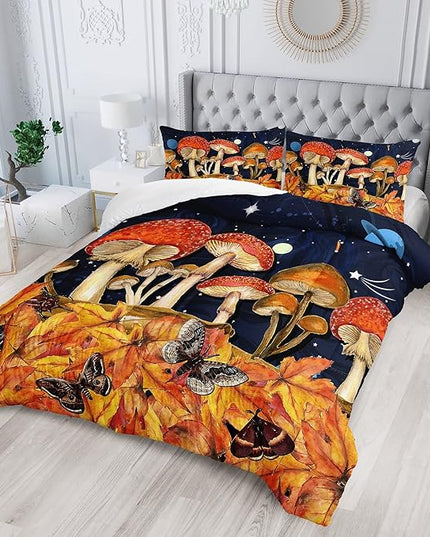 Galaxy Mushroom Comforter Set Queen Size Kids Mushroom Butterfly Bedding Set Leaves Quilt Bed Set for Boys Girls Adults with 1 Comforter and 2 Pillowcases - LeafyLoom