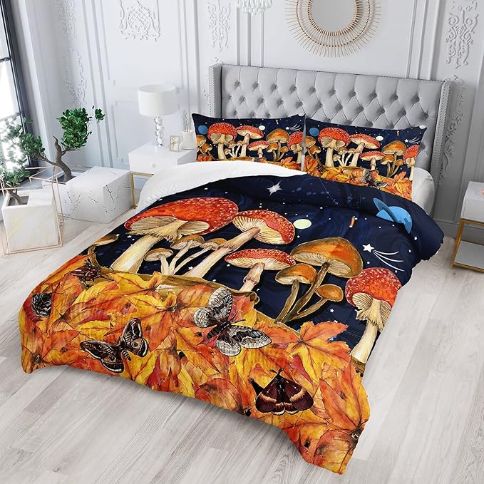 Galaxy Mushroom Comforter Set Queen Size Kids Mushroom Butterfly Bedding Set Leaves Quilt Bed Set for Boys Girls Adults with 1 Comforter and 2 Pillowcases - LeafyLoom