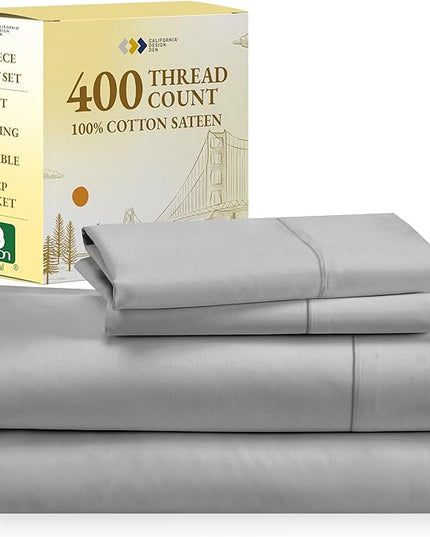 California Design Den 400 Thread Count 100% Cotton Sheets, King Size Sheet Set, 4 Pc Luxury Sheets & Pillowcases, Breathable Bedding for King Bed, Sateen King Bed Sheets, Deep Pockets (Light Grey) - LeafyLoom
