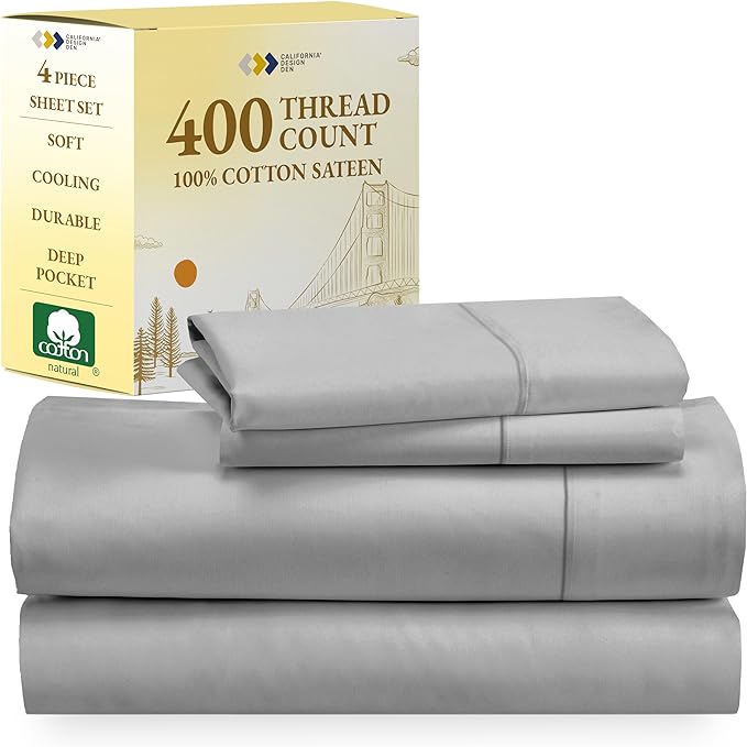 California Design Den 400 Thread Count 100% Cotton Sheets, King Size Sheet Set, 4 Pc Luxury Sheets & Pillowcases, Breathable Bedding for King Bed, Sateen King Bed Sheets, Deep Pockets (Light Grey) - LeafyLoom