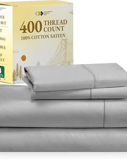 California Design Den Softest 100% Cotton Sheets, Full Size Sheet Sets, 4 Pc, 400 Thread Count Sateen Bedding, Deep Pocket Sheets, Cooling Sheets, Full Size Sheets, Breathable Bed Set (Light Grey) - LeafyLoom