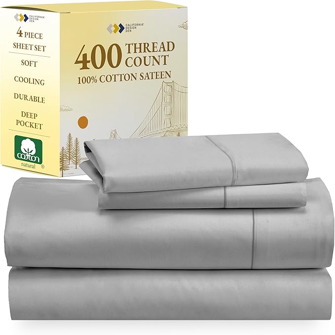 California Design Den Softest 100% Cotton Sheets, Full Size Sheet Sets, 4 Pc, 400 Thread Count Sateen Bedding, Deep Pocket Sheets, Cooling Sheets, Full Size Sheets, Breathable Bed Set (Light Grey) - LeafyLoom