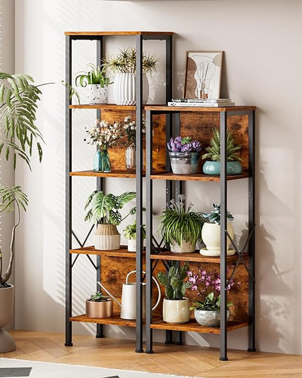 Furologee 5 Tier Bookshelf with Back, Tall Narrow Bookcase, Rustic Standing Shelf Units, Metal and Wood Display Storage Rack Organizer for Bedroom, Living Room, Home Office, Entryway - LeafyLoom