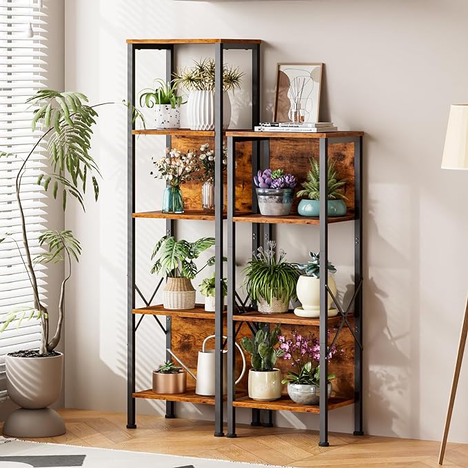 Furologee 5 Tier Bookshelf with Back, Tall Narrow Bookcase, Rustic Standing Shelf Units, Metal and Wood Display Storage Rack Organizer for Bedroom, Living Room, Home Office, Entryway - LeafyLoom