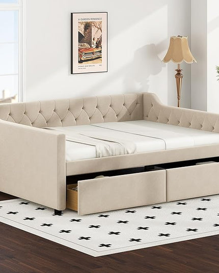 Full Size Velvet Upholstered Tufted Daybed with 2 Drawers,Modern Wood Bed Frame w/Armrests,Slat Support,No Box Spring Needed,Daybeds for Apartment,Bedroom,Guest Room,Beige - LeafyLoom