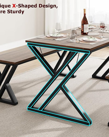 IDEALHOUSE Kitchen Table with Benches, Dining Table Benches Set for 4-6, Rectangular Kitchen Table Set with Sturdy Metal Frame, Saving Space for Kitchen, Dining Room, Apartment, 55", Retro Brown - LeafyLoom