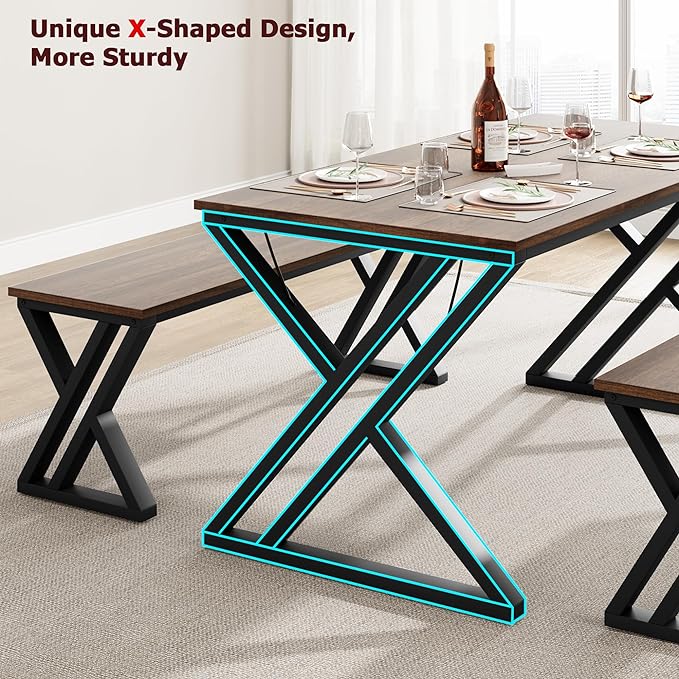 IDEALHOUSE Kitchen Table with Benches, Dining Table Benches Set for 4-6, Rectangular Kitchen Table Set with Sturdy Metal Frame, Saving Space for Kitchen, Dining Room, Apartment, 55", Retro Brown - LeafyLoom