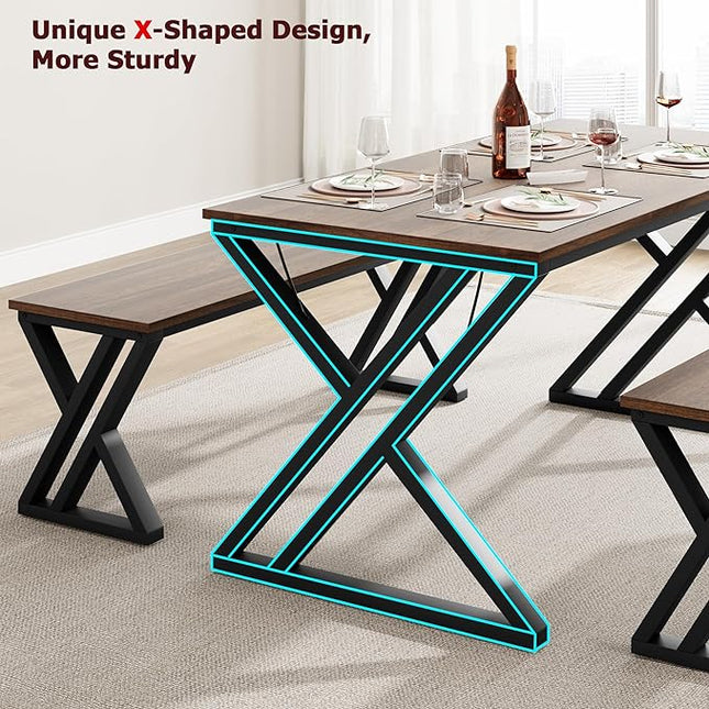 IDEALHOUSE Kitchen Table with Benches, Dining Table Benches Set for 4, Rectangular Kitchen Table Set with Sturdy Metal Frame, Saving Space for Kitchen, Dining Room, Apartment, 44.8", Retro Brown - LeafyLoom