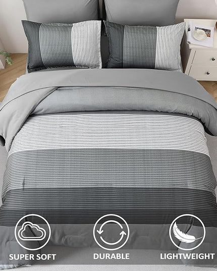 WONGS BEDDING Grey Comforter Set King, Reversible Grey Striped Down Alternative Comforter for King Bed,3 Pieces (1 Comforter+2 Pillowcases), Boho Soft Microfiber Bedding Set 104"×90" - LeafyLoom