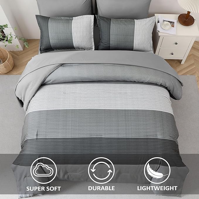 WONGS BEDDING Grey Comforter Set King, Reversible Grey Striped Down Alternative Comforter for King Bed,3 Pieces (1 Comforter+2 Pillowcases), Boho Soft Microfiber Bedding Set 104"×90" - LeafyLoom