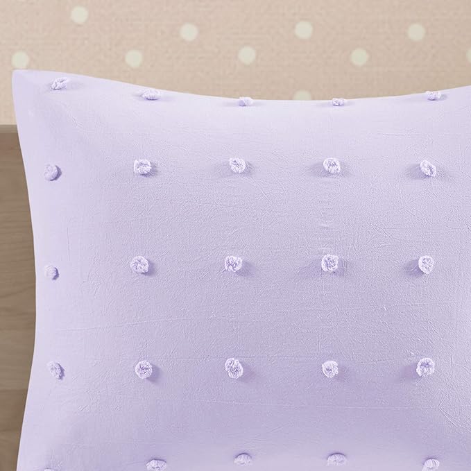 Callie Cotton Jacquard Weave Colorful Pom Pom Kids Comforter sets, Down Alternative Shabby Chic All Season Girls Bedding, Bedroom Decor, Full/Queen, Lavender 5 Piece - LeafyLoom