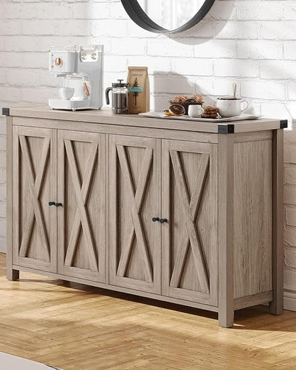 YITAHOME Buffet Cabinet with Storage, 55'' Modern Farmhouse Coffee Bar Cabinet w/4 Doors ＆Adjustable Shelf, Wood Large Kitchen Storage Cabinet with Barn Doors for Kitchen, Living Room, Grey-Brown - LeafyLoom