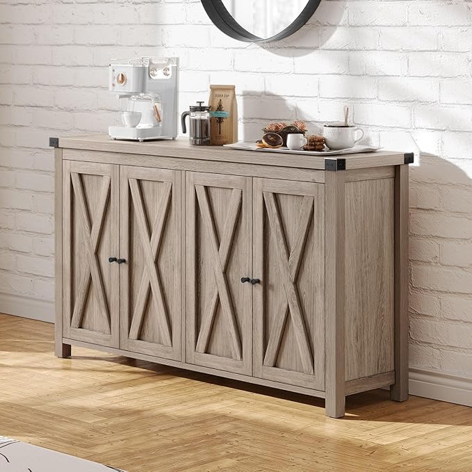 YITAHOME Buffet Cabinet with Storage, 55'' Modern Farmhouse Coffee Bar Cabinet w/4 Doors ＆Adjustable Shelf, Wood Large Kitchen Storage Cabinet with Barn Doors for Kitchen, Living Room, Grey-Brown - LeafyLoom