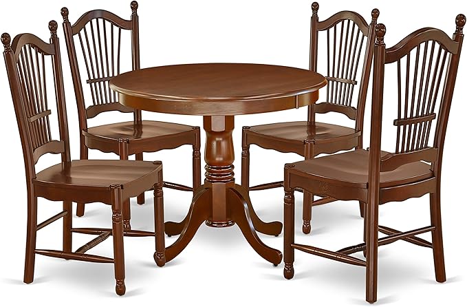 East West Furniture ANDO5-MAH-W Antique 5 Piece Dining Set for 4 Includes a Round Kitchen Table with Pedestal and 4 Dinette Chairs, 36x36 Inch - LeafyLoom