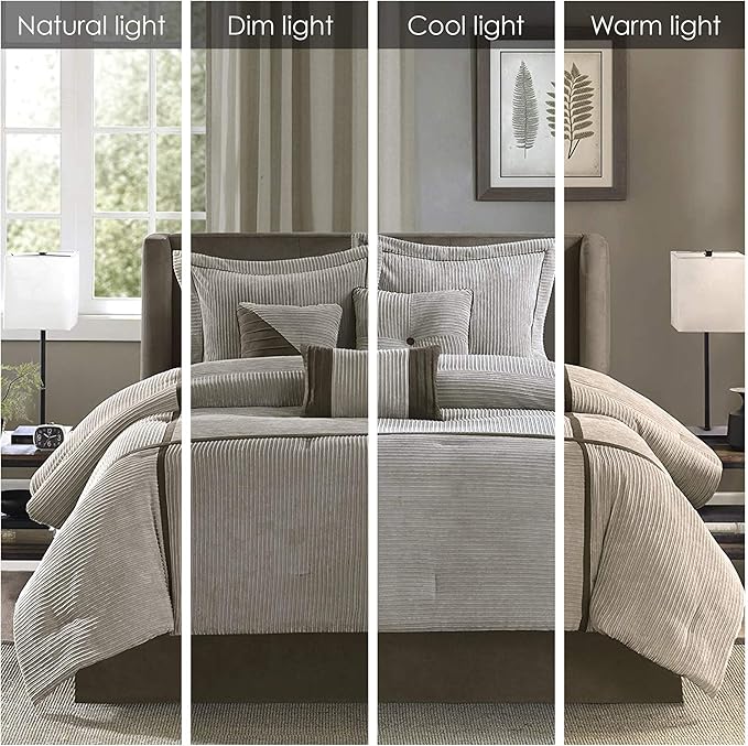 Madison Park Cozy Comforter Set Casual Blocks Design All Season, Matching Bed Skirt, Decorative Pillows, California King (104 in x 92 in), Dallas Taupe/Brown, 7 Piece - LeafyLoom