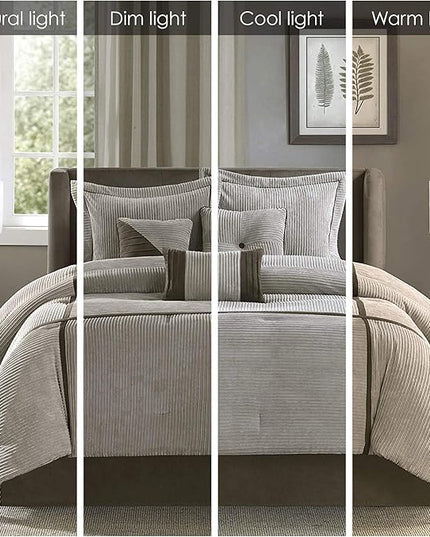 Madison Park Cozy Comforter Set Casual Blocks Design All Season, Matching Bed Skirt, Decorative Pillows, King (104 in x 92 in), Dallas Taupe/Brown, 7 Piece - LeafyLoom
