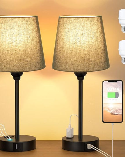 Black Bedroom Lamp Set with USB Charging - Dimmable Touch Control, AC Outlet - LeafyLoom