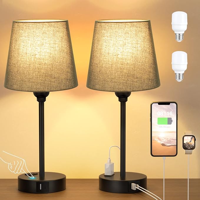 Black Bedroom Lamp Set with USB Charging - Dimmable Touch Control, AC Outlet - LeafyLoom
