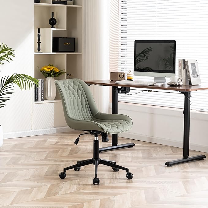 YOUNIKE Olive Armless Office Chair Swivel Desk Chair with Wheels Rolling Task Chair with Back Upholstered Leather Computer Gaming Chair Height Adjustable Modern Ergonomic Wide Seat - LeafyLoom