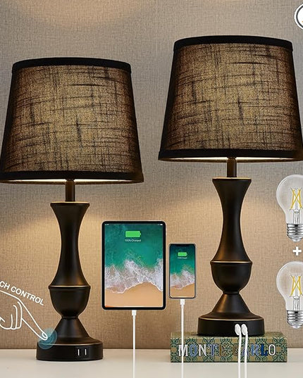 Luvkczc Table Lamps for Bedrooms Set of 2, Bedside Touch Lamps with USB C+A Charging Ports, Touch Bedside Lamps, Black Nightstand Lamps for Living Room, Bedroom, Office, LED Bulbs Included - LeafyLoom