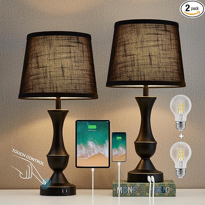 Luvkczc Table Lamps for Bedrooms Set of 2, Bedside Touch Lamps with USB C+A Charging Ports, Touch Bedside Lamps, Black Nightstand Lamps for Living Room, Bedroom, Office, LED Bulbs Included - LeafyLoom