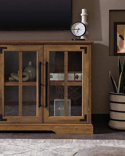 Walker Edison Farmhouse Barn Glass Door Wood Universal TV Stand for TV's up to 64" Flat Screen Living Room Storage Cabinet Doors and Shelves Entertainment Center, 58 Inch, Rustic Oak - LeafyLoom