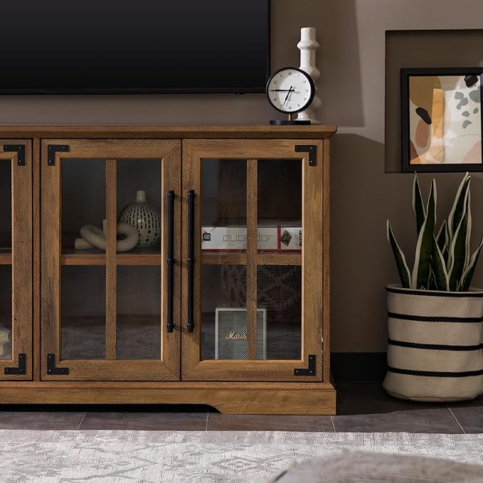 Walker Edison Farmhouse Barn Glass Door Wood Universal TV Stand for TV's up to 64" Flat Screen Living Room Storage Cabinet Doors and Shelves Entertainment Center, 58 Inch, Rustic Oak - LeafyLoom