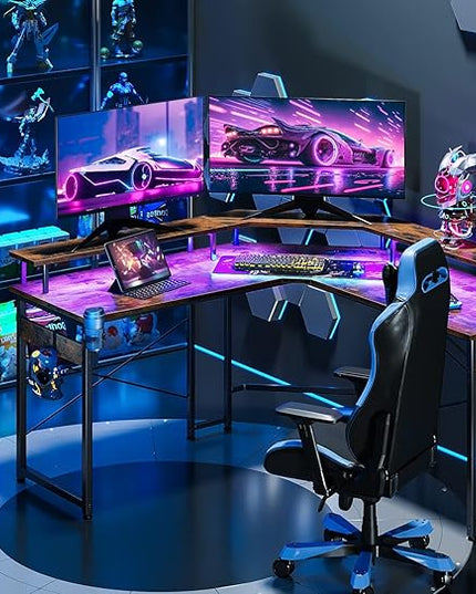 ODK L Shaped Gaming Desk with LED Lights & Power Outlets, 51" Computer Desk with Full Monitor Stand, Corner Desk with Cup Holder, Gaming Table with Hooks, Vintage - LeafyLoom