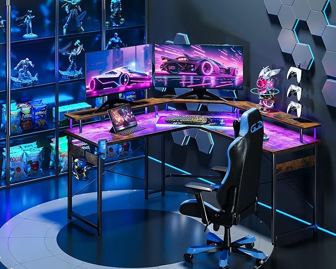 ODK L Shaped Gaming Desk with LED Lights & Power Outlets, 51" Computer Desk with Full Monitor Stand, Corner Desk with Cup Holder, Gaming Table with Hooks, Vintage - LeafyLoom