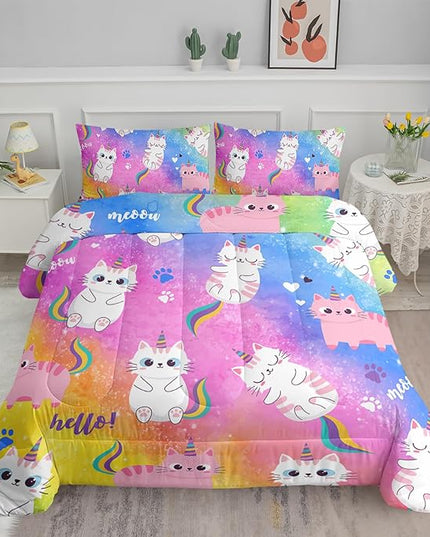Axolotl Cat Bedding Queen Cartoon Cat Comforter Set,Rainbow Printed Kids Bedding Set for Girls Kids Adults Teens,Kids Comforter Set All Season,1 Quilt 2 Pillow Cases,Colorful Pink Blue - LeafyLoom