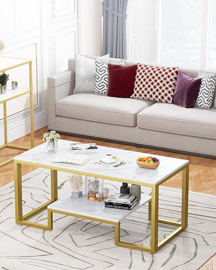 Coffee Table White Faux Marble Coffee Table for Living Room,2 Tiers Rectangle Center Table with Sturdy Metal Frame,Modern Marble Living RoomTable Accent Table for Bedroom Home Office - LeafyLoom