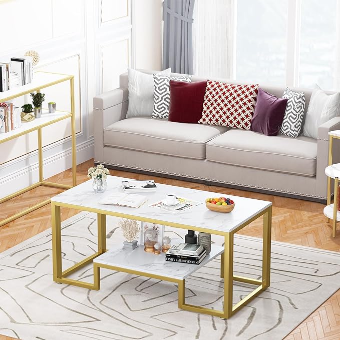 Coffee Table White Faux Marble Coffee Table for Living Room,2 Tiers Rectangle Center Table with Sturdy Metal Frame,Modern Marble Living RoomTable Accent Table for Bedroom Home Office - LeafyLoom