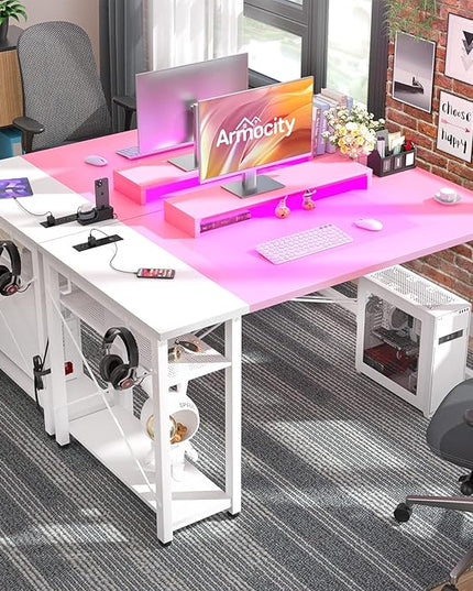 armocity 47 Gaming Computer Desk with LED Lights, Power Outlet and USB, Reversible Laptop Table with Moveable Monitor Stand for Small Spaces, Office, Gaming Room, Pink and White - LeafyLoom