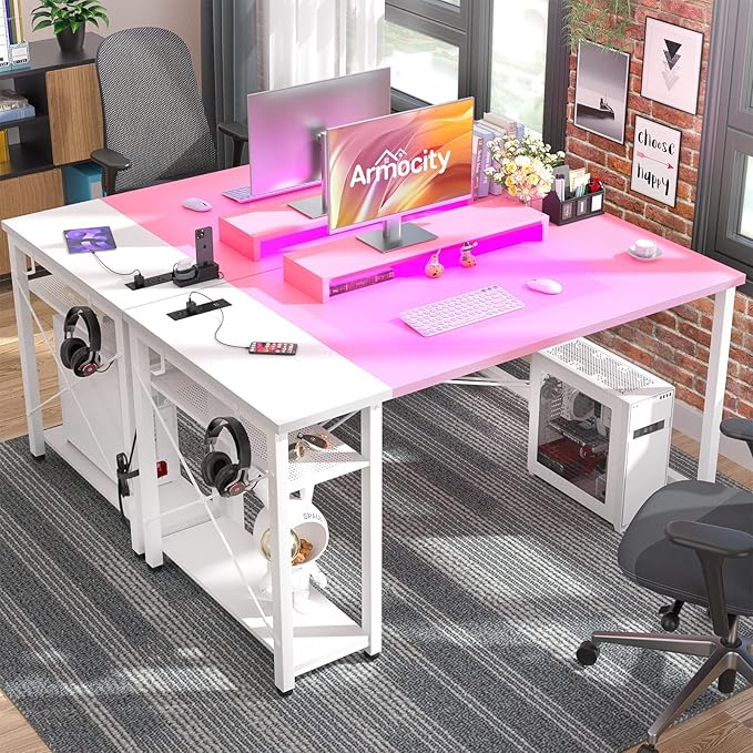 armocity 47 Gaming Computer Desk with LED Lights, Power Outlet and USB, Reversible Laptop Table with Moveable Monitor Stand for Small Spaces, Office, Gaming Room, Pink and White - LeafyLoom