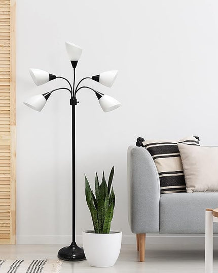Simple Designs LF2006-BAW 67" Contemporary Multi Head Medusa 5 Light Adjustable Gooseneck Black Floor Lamp with White Shades for Kids Bedroom Playroom Living Room Office - LeafyLoom