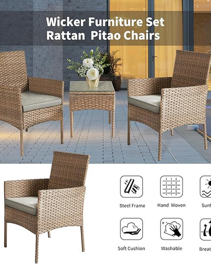 3 Pieces Patio Set Balcony Furniture Sets for Apartments.Bistro Furniture Set, Conversation Sets with Coffee Table, for Porch, Patio, Garden and Removable Cushions Grey - LeafyLoom