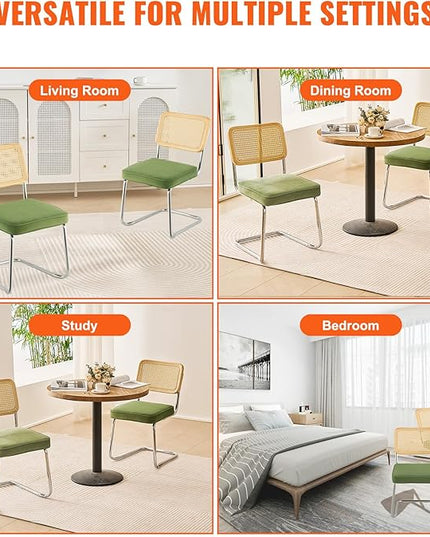 VEVOR Rattan Dining Chairs Set of 2, Mid Century Modern Dining Chair, Upholstered Velvet Accent Chair with Rattan Back, Retro Dining Room Kitchen Chair for Living Room, Bedroom, Office (18.1 Inch) - LeafyLoom