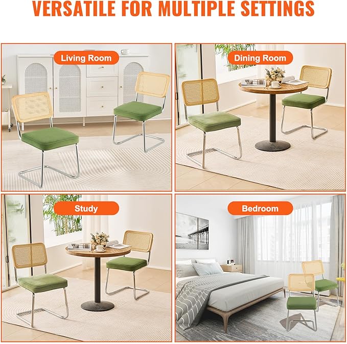 VEVOR Rattan Dining Chairs Set of 2, Mid Century Modern Dining Chair, Upholstered Velvet Accent Chair with Rattan Back, Retro Dining Room Kitchen Chair for Living Room, Bedroom, Office (18.1 Inch) - LeafyLoom