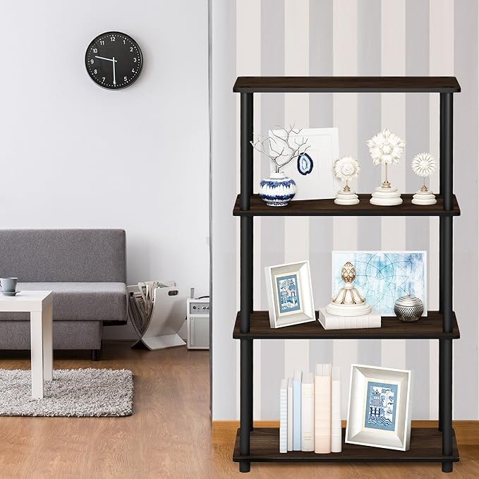 Furinno Turn-N-Tube 4-Tier Multipurpose Shelf Display Rack, Round Tubes, Columbia Walnut/Black - LeafyLoom