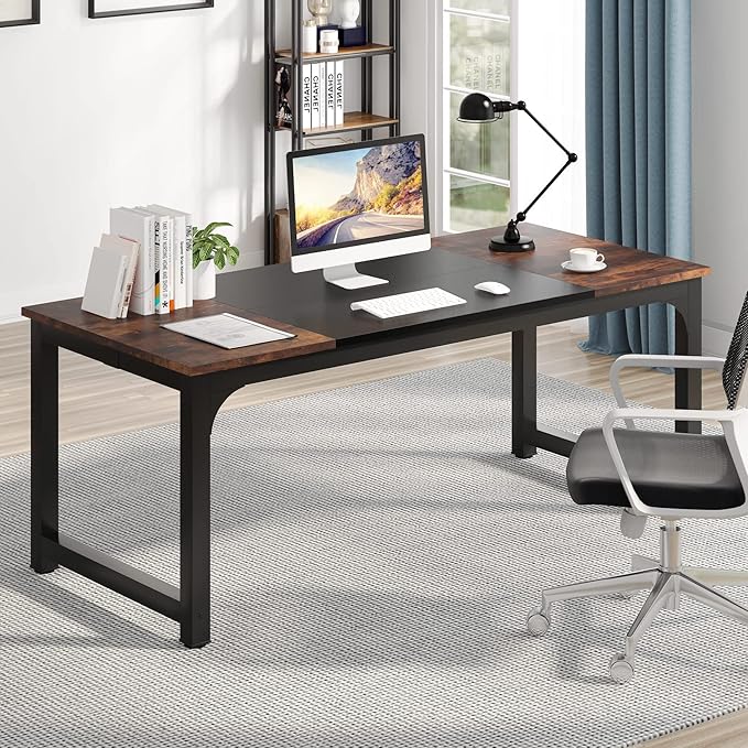 Tribesigns Modern Computer Desk, 70.8 x 31.5 inch Large Office Desk Computer Table Study Writing Desk Workstation for Home Office, Black Metal Frame - LeafyLoom