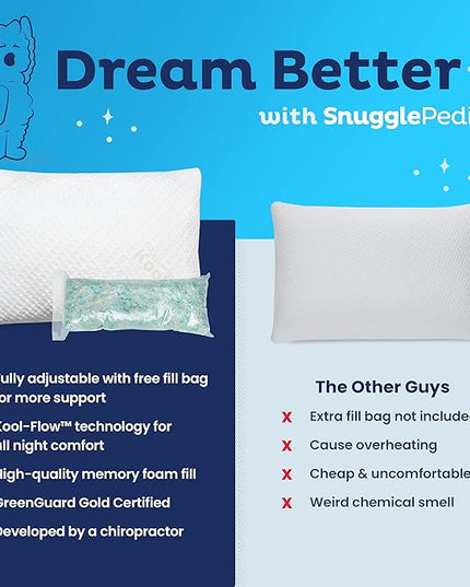 Snuggle-Pedic Adjustable Cooling - Shredded Memory Foam Pillows for Side, Stomach & Back Sleepers - Fluffy or Firm - Keeps Shape - College Dorm Room Essentials for Girls and Guys - Queen - LeafyLoom