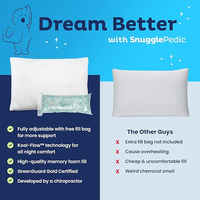 Snuggle-Pedic Adjustable Cooling - Shredded Memory Foam Pillows for Side, Stomach & Back Sleepers - Fluffy or Firm - Keeps Shape - College Dorm Room Essentials for Girls and Guys - Queen - LeafyLoom
