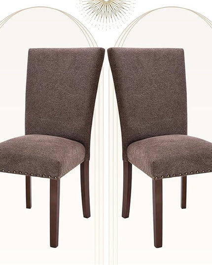 COLAMY Upholstered Parsons Dining Chairs Set of 2, Fabric Dining Room Kitchen Side Chair with Nailhead Trim and Wood Legs - Brown - LeafyLoom