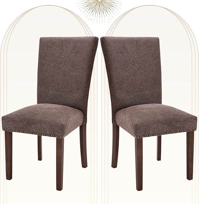 COLAMY Upholstered Parsons Dining Chairs Set of 2, Fabric Dining Room Kitchen Side Chair with Nailhead Trim and Wood Legs - Brown - LeafyLoom