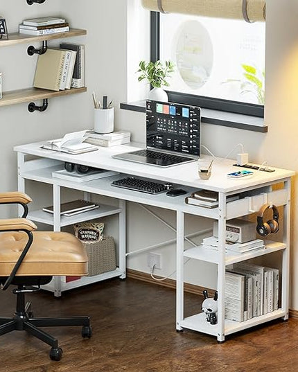 AODK 48 Inch Small Computer Desk with Power Outlets, Writing Desk with Storage Shelves Headphone Hook, Student Laptop PC Desks for Small Spaces Home Office, White - LeafyLoom