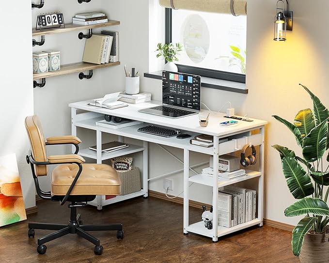 AODK 48 Inch Small Computer Desk with Power Outlets, Writing Desk with Storage Shelves Headphone Hook, Student Laptop PC Desks for Small Spaces Home Office, White - LeafyLoom