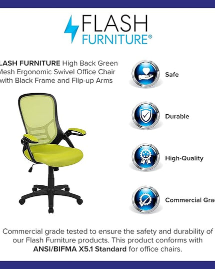 Flash Furniture Porter Mesh High Back Ergonomic Swivel Office Chair with Lumbar Support, Flip-Up Arms, Tilt Lock/Tilt Tension, Height Adjustable, Black/Green Frame - LeafyLoom