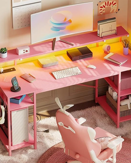 Bestier Pink Gaming Desk with Reversible Power Outlets, 55 inch LED Computer Desk with Monitor Stand & Adjustable Shelves, Writing Desk with Cup Holder & Hook for Home Office, Pink 3D Carbon Fiber - LeafyLoom