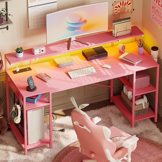 Bestier Pink Gaming Desk with Reversible Power Outlets, 55 inch LED Computer Desk with Monitor Stand & Adjustable Shelves, Writing Desk with Cup Holder & Hook for Home Office, Pink 3D Carbon Fiber - LeafyLoom