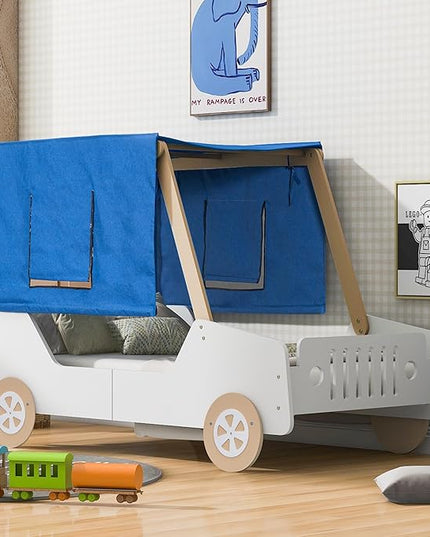 Twin Size Kids Car Bed with Tent Canopy & Wheels,Wood Bedframe W/Safty Grille,Raised Base Design,Easy Assembly,Toddler Boys Car-Shaped Bedroom Beds for Reading Playing Relaxing,White+Natural - LeafyLoom